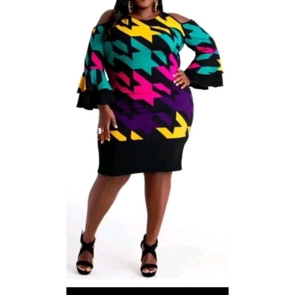 NWT Ashley Stewart Sheath Dress Womens 18/20 Multi Houndstooth Cold Shoulder
